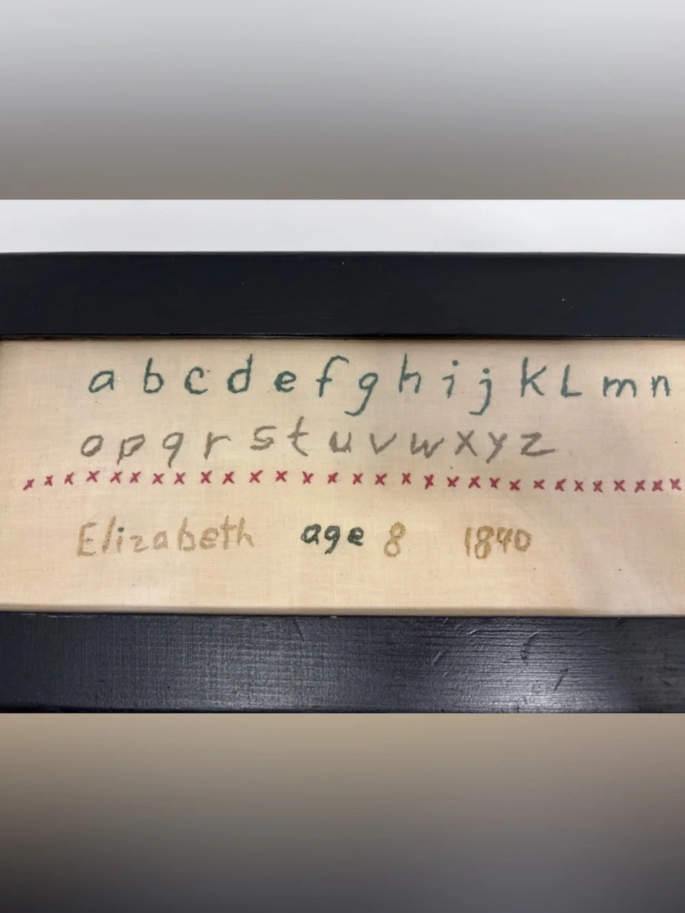 Antique 1840 Framed Alphabet Sampler Embroidery in Green and Pink
